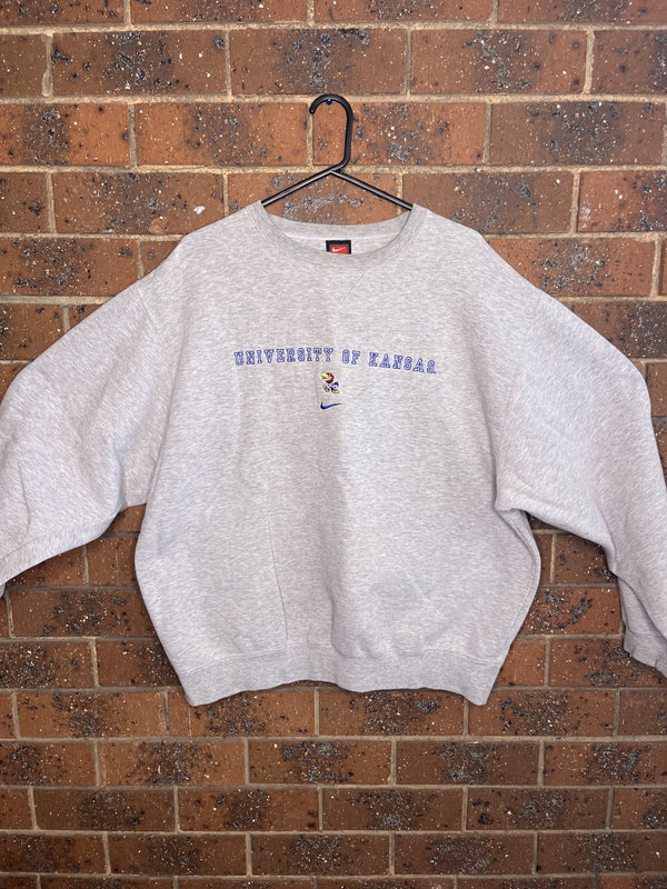 90s Vintage Team Nike Kansas University Centred Embroidered Spell out Grey Sweater (L)